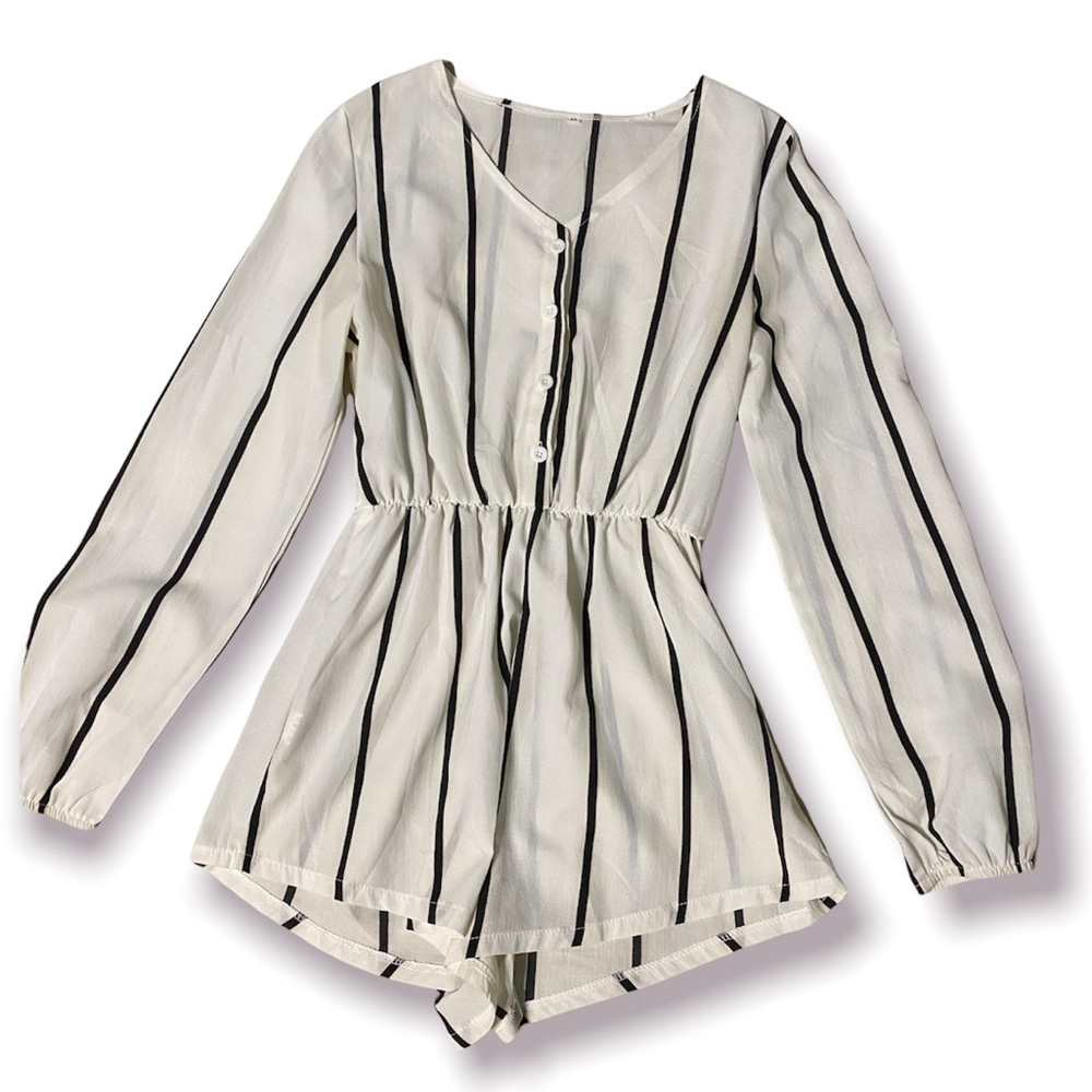 Black stripes white long sleeve romper with buttons
